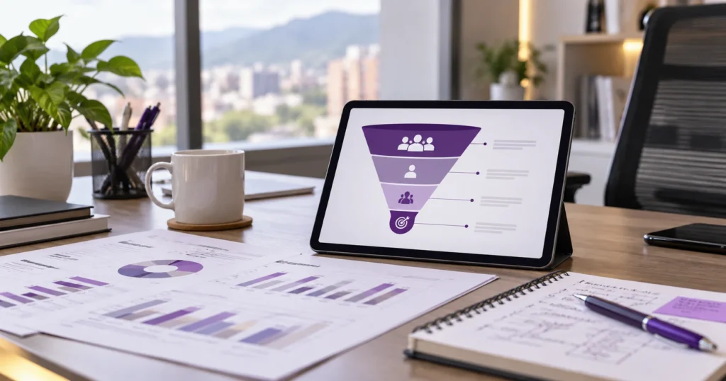 Escritorio con gráficos y un embudo de marketing digital para evaluar resultados
