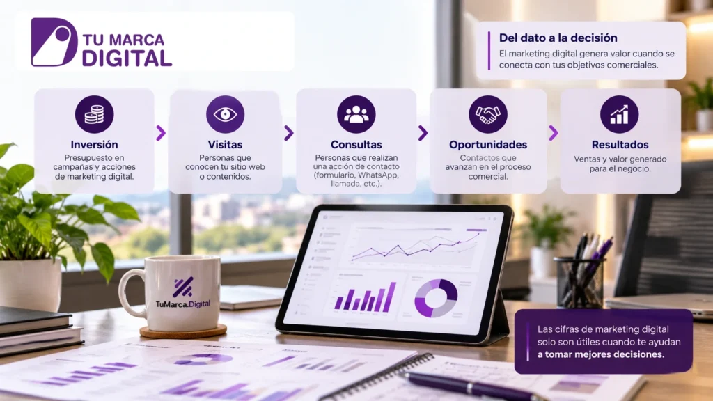 Etapas para evaluar los resultados del marketing digital: inversión, visitas, consultas, oportunidades comerciales y resultados